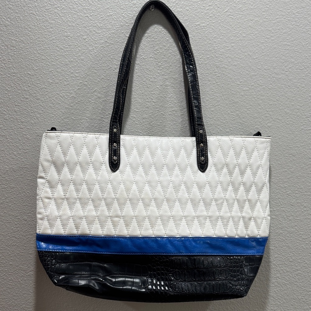 🤍 Elegant Multi-Layer White Quilted Tote Bag w/ Colorful Boho Floral Interior
